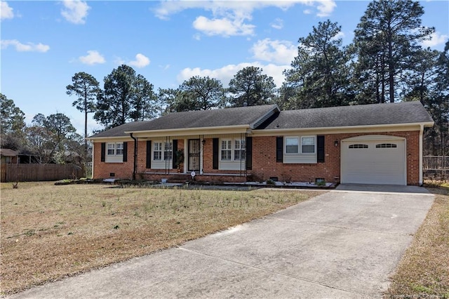 single story home with a garage, fence, brick siding, and crawl space