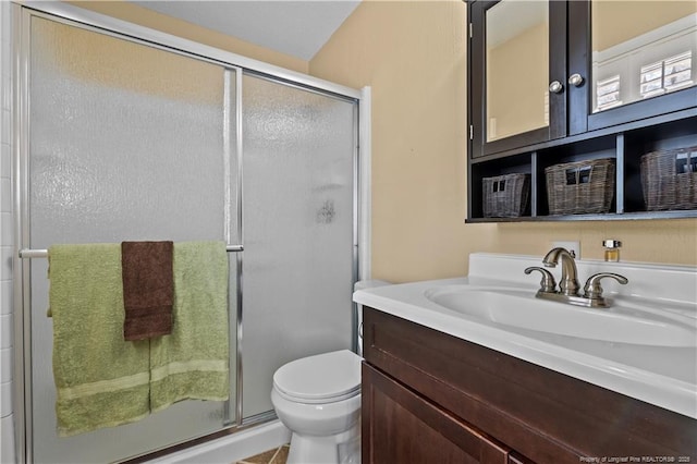 full bathroom featuring a shower stall, toilet, and vanity