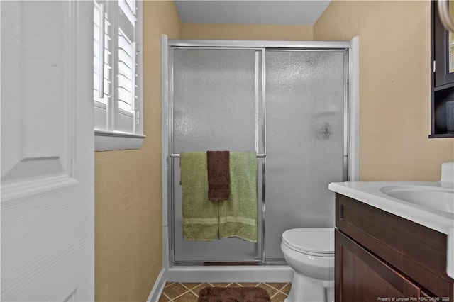 bathroom with tile patterned flooring, toilet, vanity, and a stall shower