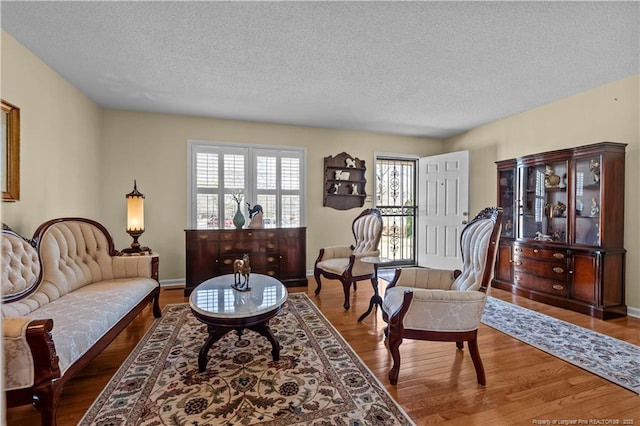 living area featuring baseboards, a textured ceiling, and wood finished floors