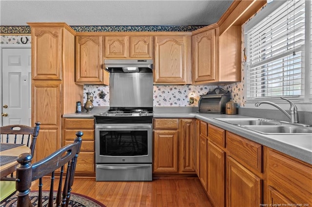 kitchen featuring under cabinet range hood, a sink, wood finished floors, stainless steel electric range, and light countertops