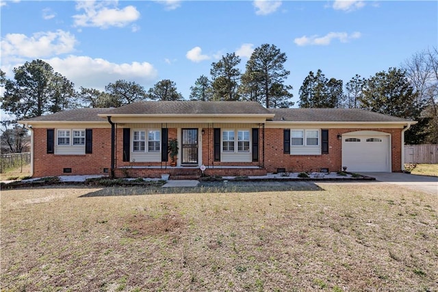 single story home featuring a front lawn, fence, brick siding, and crawl space