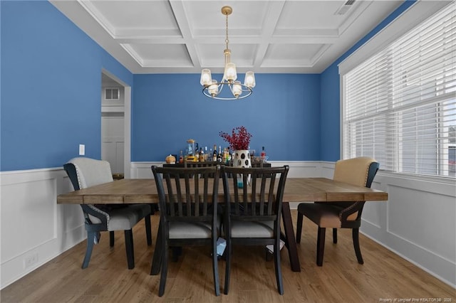 dining area featuring beamed ceiling, wood finished floors, a chandelier, and wainscoting