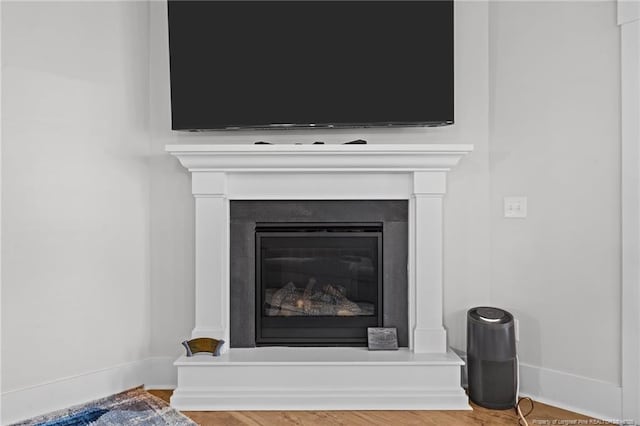 details featuring wood finished floors, baseboards, and a glass covered fireplace