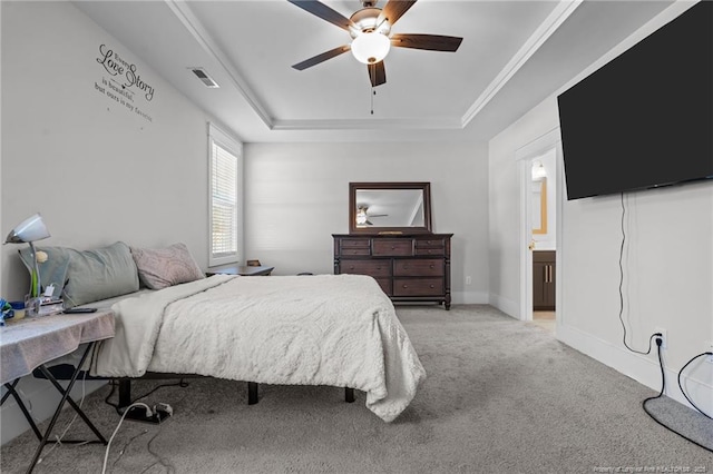 bedroom featuring visible vents, baseboards, ceiling fan, light colored carpet, and a raised ceiling