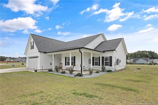 modern farmhouse style home with a front lawn, a garage, covered porch, and a shingled roof