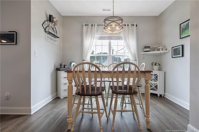 dining area featuring visible vents, baseboards, and dark wood-type flooring