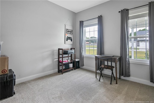 interior space with a wealth of natural light, baseboards, and carpet flooring