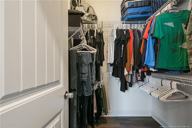 walk in closet with wood finished floors