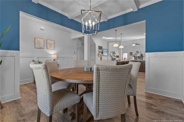 dining room featuring beam ceiling, wainscoting, coffered ceiling, and wood finished floors