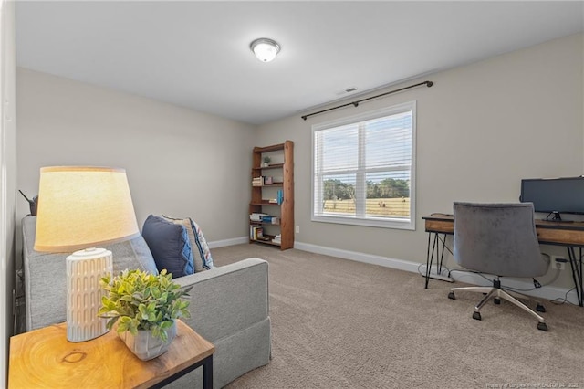 office space featuring visible vents, baseboards, and carpet flooring