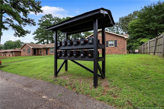 view of community with a yard and fence