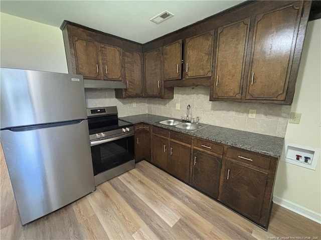 kitchen featuring dark countertops, visible vents, under cabinet range hood, appliances with stainless steel finishes, and a sink