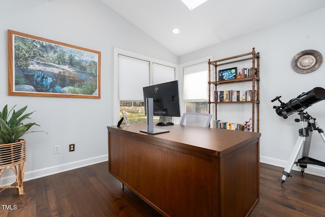 office area featuring dark wood-style floors, recessed lighting, baseboards, and lofted ceiling