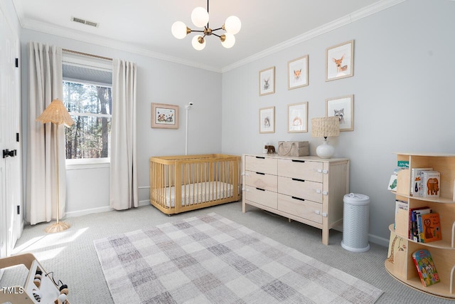 bedroom featuring visible vents, a notable chandelier, ornamental molding, carpet flooring, and baseboards