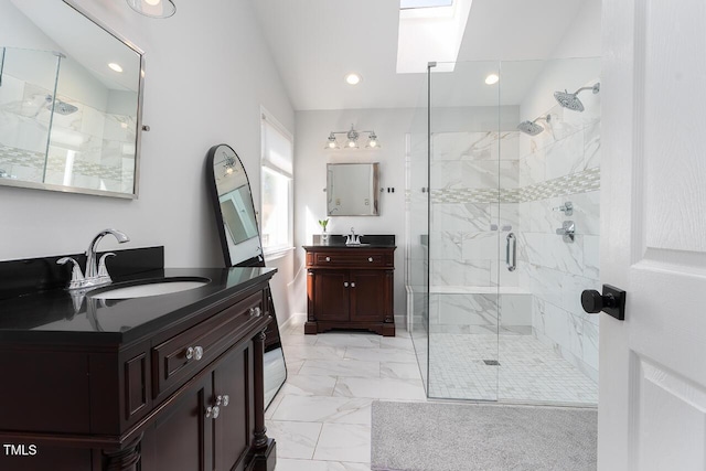 full bath with two vanities, marble finish floor, a stall shower, a sink, and recessed lighting