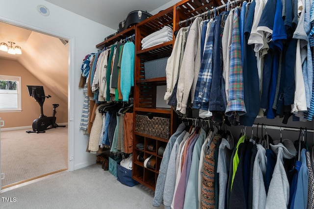 spacious closet with carpet flooring and lofted ceiling