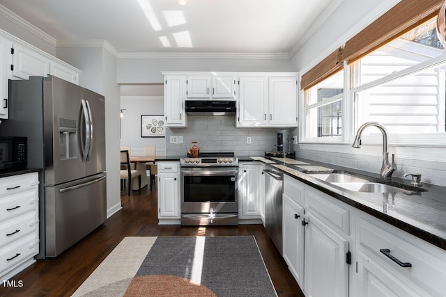 kitchen featuring a sink, under cabinet range hood, tasteful backsplash, stainless steel appliances, and white cabinets