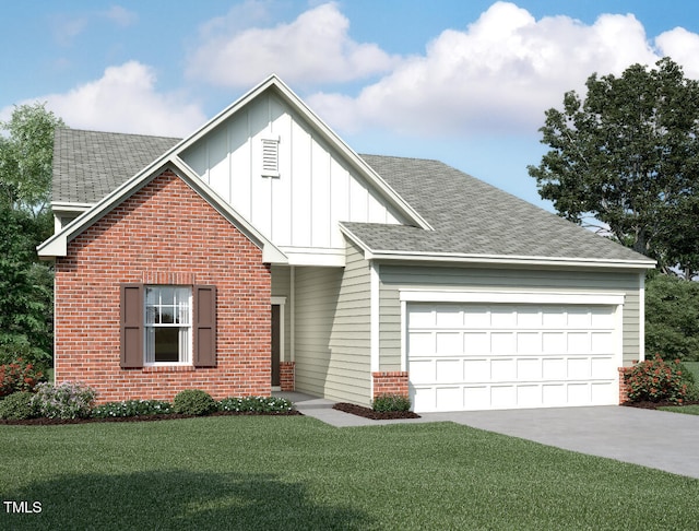 view of front of house with brick siding, board and batten siding, a front yard, roof with shingles, and an attached garage