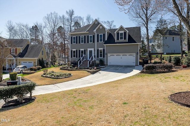 view of front facade featuring a residential view, concrete driveway, a garage, and a front yard