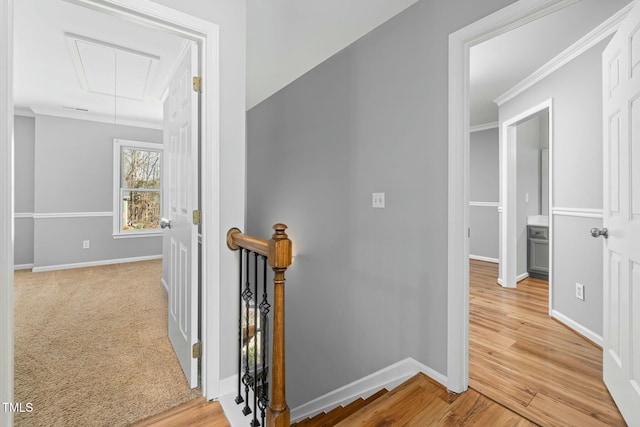 hall with an upstairs landing, light wood-style flooring, crown molding, baseboards, and attic access