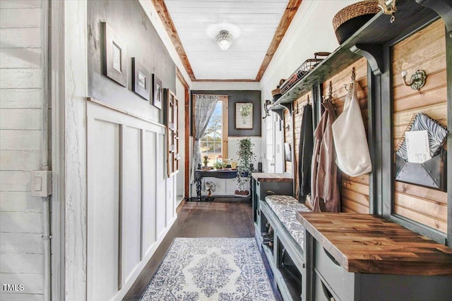 mudroom with dark wood-type flooring and ornamental molding