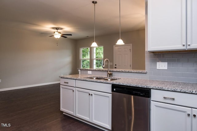 kitchen featuring white cabinetry, a peninsula, a sink, dishwasher, and backsplash