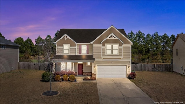 view of front facade featuring a garage, board and batten siding, driveway, and fence