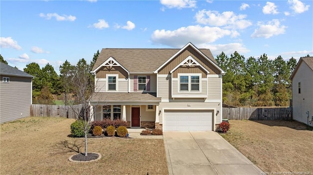 craftsman house with a porch, board and batten siding, concrete driveway, and fence