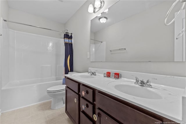 full bath featuring tile patterned flooring, toilet, shower / bath combo, and a sink