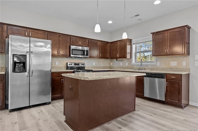 kitchen with a sink, decorative backsplash, light wood-style floors, and stainless steel appliances