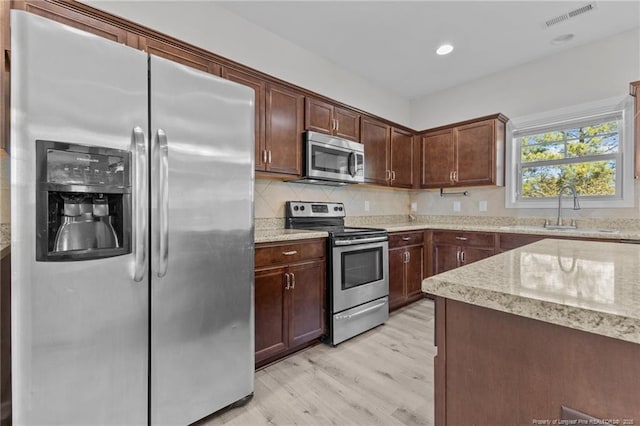 kitchen featuring visible vents, a sink, tasteful backsplash, stainless steel appliances, and light wood finished floors