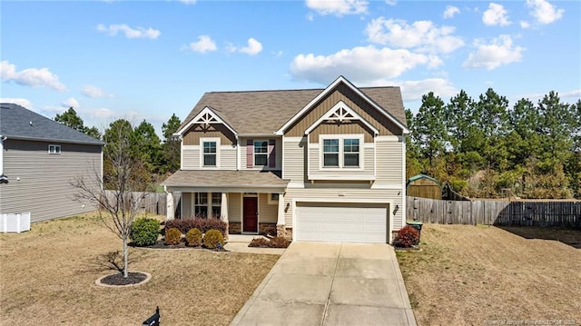 craftsman house with fence, a porch, an attached garage, concrete driveway, and board and batten siding