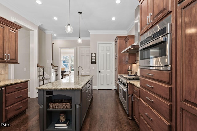 kitchen with dark wood-style flooring, stainless steel appliances, wall chimney exhaust hood, and open shelves