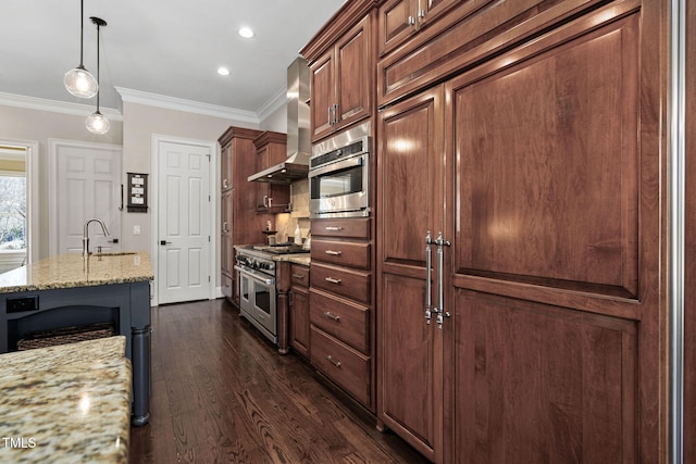 kitchen with a sink, light stone counters, stainless steel appliances, crown molding, and wall chimney range hood