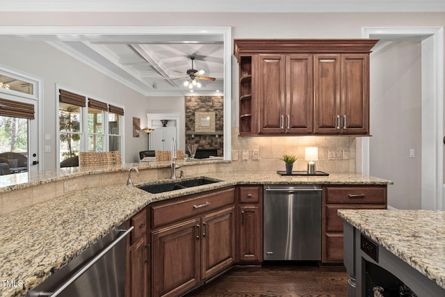 kitchen featuring a sink, backsplash, stainless steel dishwasher, coffered ceiling, and ceiling fan