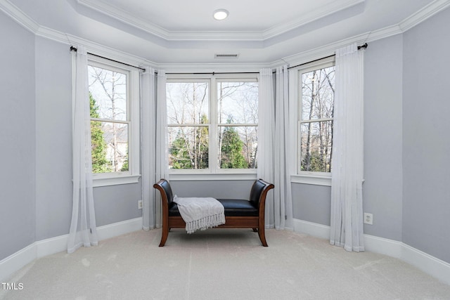 living area with a wealth of natural light, carpet flooring, a raised ceiling, and baseboards