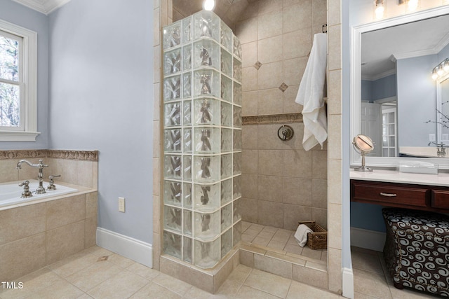 full bathroom with tile patterned flooring, a garden tub, walk in shower, and ornamental molding