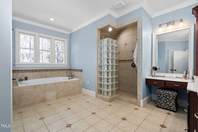 full bath with vanity, ornamental molding, tile patterned flooring, walk in shower, and a garden tub