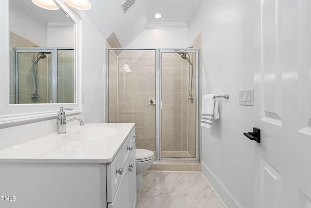 bathroom with visible vents, a shower stall, ornamental molding, marble finish floor, and vanity