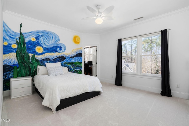 bedroom featuring crown molding, carpet flooring, and visible vents