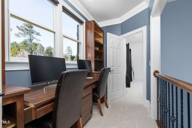 office space with light carpet and ornamental molding