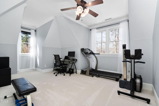 workout room featuring visible vents, ornamental molding, a ceiling fan, carpet, and baseboards