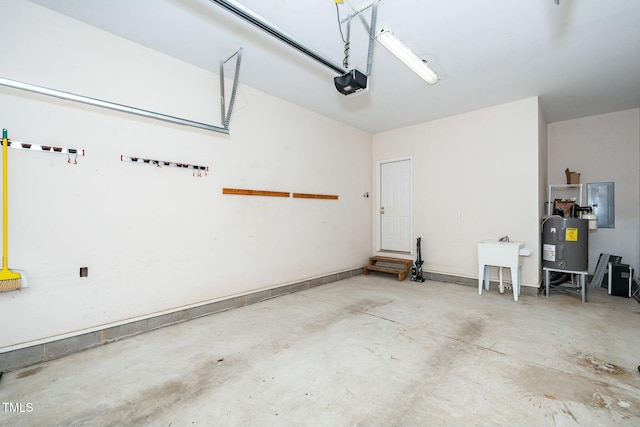 garage featuring electric panel, electric water heater, a garage door opener, and a sink