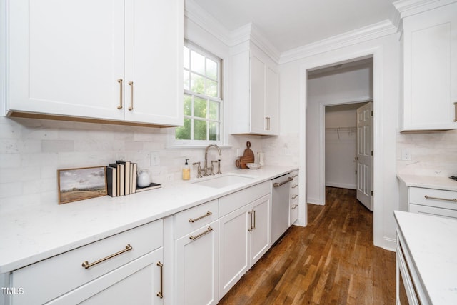 1222 Dixie Trl, Raleigh, NC 27607 - kitchen featuring white cabinetry, decorative backsplash, dishwashing machine, dark wood finished floors, and crown molding