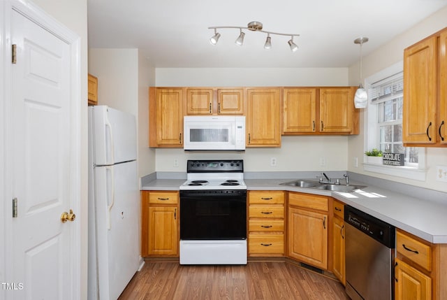 kitchen with a sink, wood finished floors, white appliances, light countertops, and hanging light fixtures