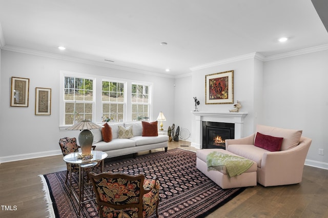 living area featuring a glass covered fireplace, wood-type flooring, and ornamental molding