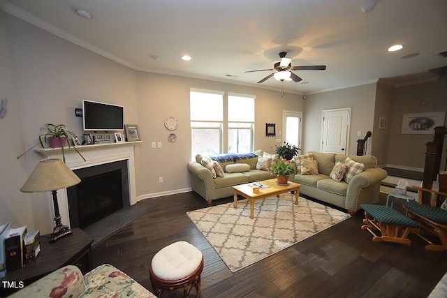 living room featuring a fireplace, crown molding, wood finished floors, and ceiling fan