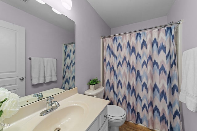 full bathroom with a shower with curtain, toilet, and vanity