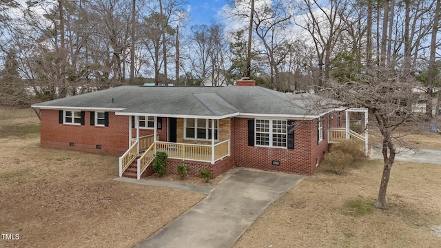 205 Woodside Dr, Goldsboro, NC 27534 - ranch-style home featuring a porch, a shingled roof, crawl space, brick siding, and a chimney